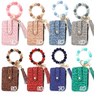 Leopardenmuster Kunstleder Kartenhalter Geldbörse Mit Silikonperlen Armband Schlüsselanhänger Und Quaste Damen Mode Handgelenktasche