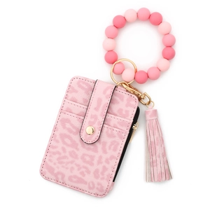 Rosa Geldbörse mit Leopardenmuster, Silikonperlen-Armband und Schlüsselanhänger-Quaste