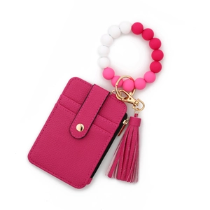 Rose red leather card holder wallet with silicone bead bracelet and tassel keychain