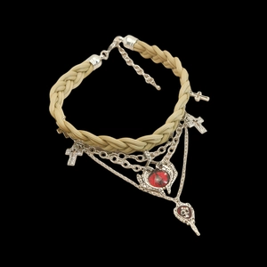 Gothic mehrlagiger Leder-Choker Halskette mit silbernen Ketten und Kreuz-Anhängern