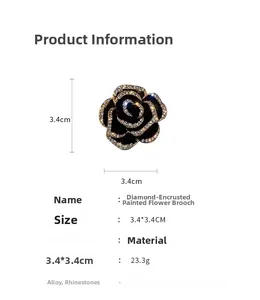 Detail view of black rose brooch with dimensions 3.4cm by 3.4cm and rhinestone accents
