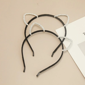 Cute Korean Style Cat Ear Rhinestone Headband Minimalist Alloy Hair Hoop For Women Girls Sweet Party Hair Accessories