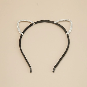 Cute cat ear headband with sparkling rhinestones and black non-slip fabric wrap