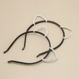 Cute cat ear headband set with sparkling silver rhinestones on a slim black metal frame