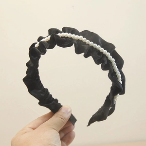 Elegant Black Velvet Ruched Headband With White Imitation Artificial Pearls Vintage French Style Hair Hoop For Women Hair Accessories