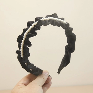 Elegant vintage black velvet pleated headband with white pearl beads decoration