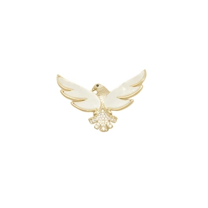 Elegant eagle brooch with natural sea shell wings and sparkling zircons on gold metal