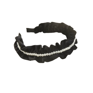 Elegant black velvet pleated headband decorated with a row of white faux pearls