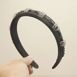Baroque Vintage Black Fabric Headband With Artificial Crystal Beads Handmade Wide Padded Hairband For Women Hair Accessories