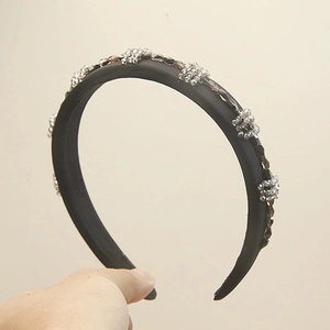 Vintage style black satin headband with handcrafted crystal beads for a baroque look