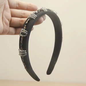 Baroque style wide headband with hand-sewn grey crystals and elegant black satin fabric
