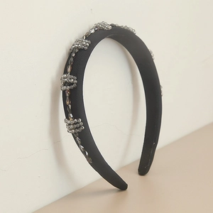 Baroque black velvet padded headband with shiny grey crystal beads for women
