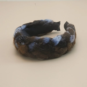 Retro bohemian braided headband in dark brown and light blue knit fabric for women