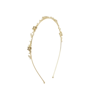Serre-tête élégant en alliage doré avec opale, perles et strass sur fond blanc