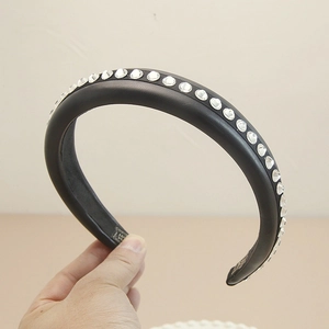 French vintage black leather headband with sparkling crystals and padded design for women