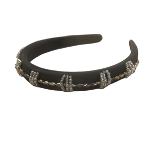 Baroque black wide velvet headband with vintage grey crystal beads on white background