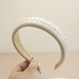 French vintage cream leather headband with sponge padding and sparkling rhinestones
