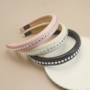 French Vintage Padded PU Leather Headband With Rhinestones Geometric High Top Hair Hoop For Women Fashion Hair Accessories
