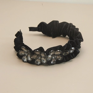 Elegant black velvet headband with grey crystal flower embellishments for women