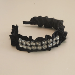 Elegant black velvet headband with double-row crystals and pleated design for women