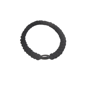 Elastic black spiral hair tie with smooth round buckle for ponytails on white background