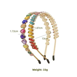 Detail view of colorful rhinestone headbands with width and weight measurements