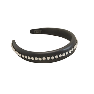 Padded black leather headband with geometric rhinestone inlay for women's vintage hairstyle
