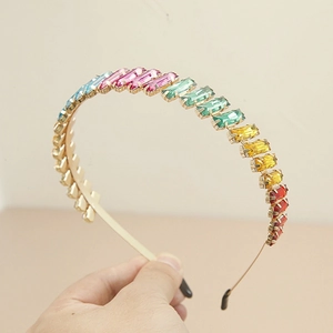 Rainbow crystal rhinestone metal headband with gradient colorful gems for women