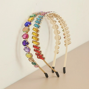 Elegant thin gold metal headbands with colorful rainbow rhinestones and crystals