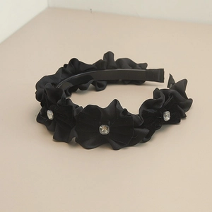 Serre-tête Plissé de Style Français avec Nœud Papillon Künstliche Perles et Cœur Velours Noir Satin Rétro Accessoires de Cheveux Femme