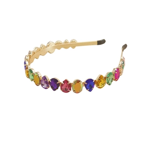 Chic gold metal headband with colorful rhinestones in teardrop and oval shapes for women