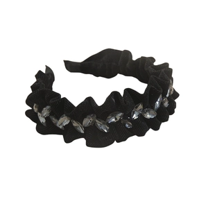 Elegant black pleated velvet headband with gray marquise crystals for women