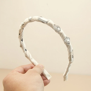 Elegant ivory baroque headband with crystal rhinestones and luxury satin fabric wrap