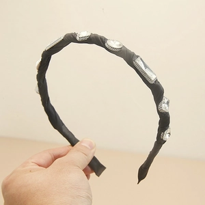 Baroque crystal headband with black fabric wrap and multifaceted rhinestones for women