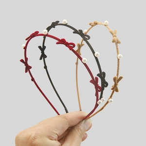 Vintage Flocking Bow Artificial Pearl Headband For Women Thin Velvet Hair Band Retro Elegant Hair Hoop Sweet Hair Accessories