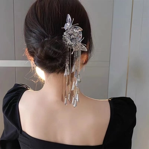 Elegant silver butterfly tassel hair stick with long metal chains and cone charms