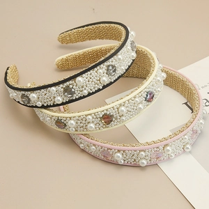 Detail of baroque pearl headbands with crystal embellishments in a set of three