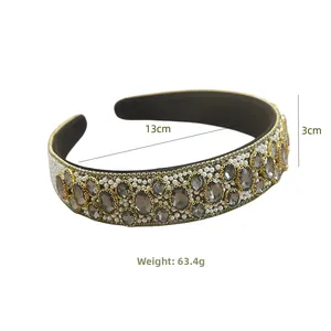 Baroque headband detail showing dimensions 13cm diameter and 3cm width with grey gemstones