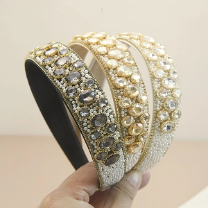 Baroque wide headband set with crystals and pearls in grey, amber, and clear colors