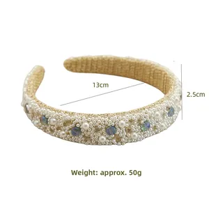 Baroque woven pearl headband with measurements showing 13cm diameter and 2.5cm width