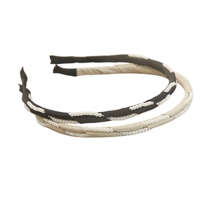 Elegant two-piece headband set with satin fabric and pearl wrap in brown and gold