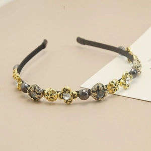 Vintage Baroque Gothic Hair Hoop Alloy Camellia Cross Flower Rhinestone Faux Artificial Pearl Headband For Women Hair Accessories