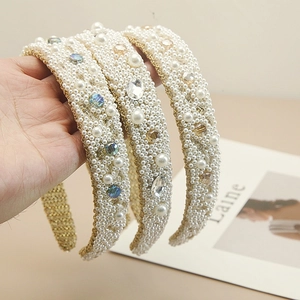 Handmade Baroque Wide Faux Artificial Pearl Headband Luxury Crystal Rhinestone Woven Hair Hoop For Wedding Party Women Hair Accessories