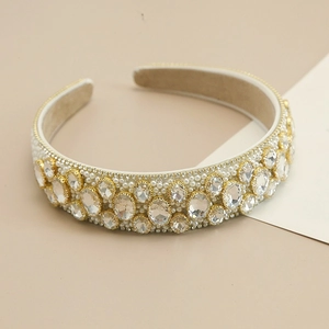 Baroque padded headband with white pearls and large oval crystals on gold frame
