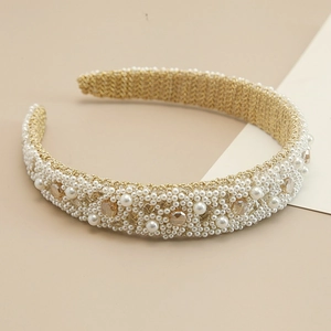 Baroque handmade headband with white pearls and amber crystals on golden woven base