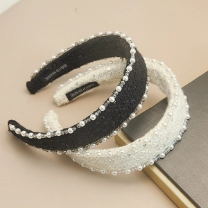 French Retro Tweed Padded Headband With Faux Artificial Pearl Rhinestone Wide Brim High Crown Hairband For Women Elegant Hair Accessories