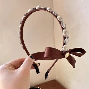 French Sweet Side Bow Headband With Imitation Artificial Pearl Rhinestone Crystal Elegant Hair Hoop For Women Girls Hair Accessories