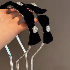 Vintage Velvet Bow Rhinestone Headband Elegant Heart Tassel Artificial Pearl Hair Band For Women Fashion High Cranial Top Accessory