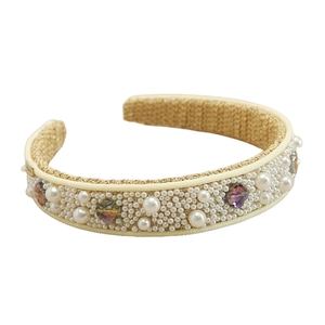 Champagne gold woven headband with ivory pearls and purple crystal beaded accents