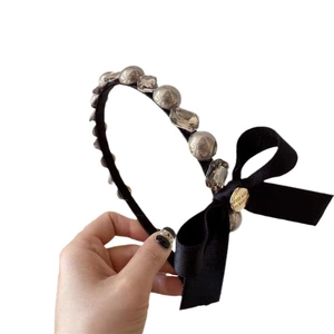 Elegant black headband with large bow, silver beads and crystals for women's style
